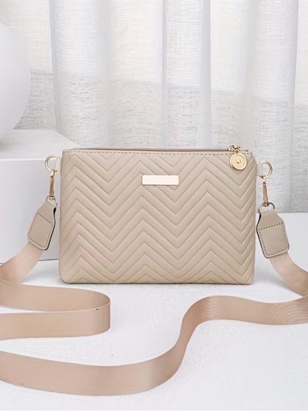 Light weight Beige Quilted Crossbody Bag with Gold Accent